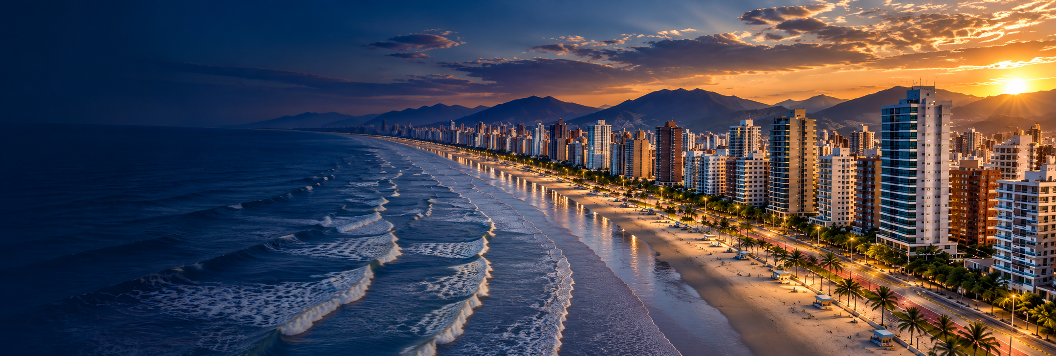 Vista aérea panorâmica da orla e skyline de Praia Grande - Carmus Imobiliária